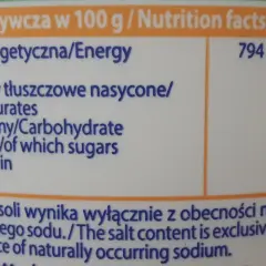 Tabela wartości odżywczych dla śmietany: 192 kcal, 18g tłuszczu, 12g węglowodanów, 4,5g cukrów, 2,7g białka, 0,10g soli na 100g.