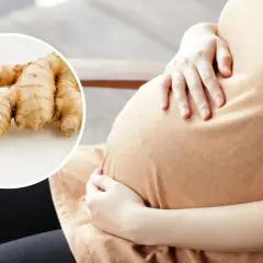 Ciąża to wyjątkowy czas, a imbir może pomóc złagodzić mdłości. Na zdjęciu widać ciężarną kobietę i korzeń imbiru.