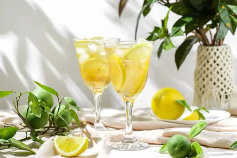 Dwa orzeźwiające limoncello spritz z plasterkami cytryny i lodem, otoczone świeżymi owocami cytrusowymi.