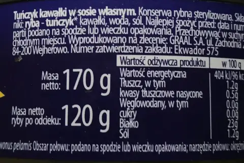 Tuńczyk w sosie własnym: 96 kcal na 100g. Konserwa rybna z kawałkami tuńczyka, wodą i solą. Masa netto 170g, ryby po odcieku 120g.