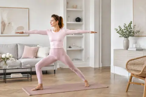 Kobieta w różowym stroju ćwiczy jogę w salonie. Czy pilates odchudza? Ta aktywność wzmacnia ciało i może wspierać proces redukcji wagi.