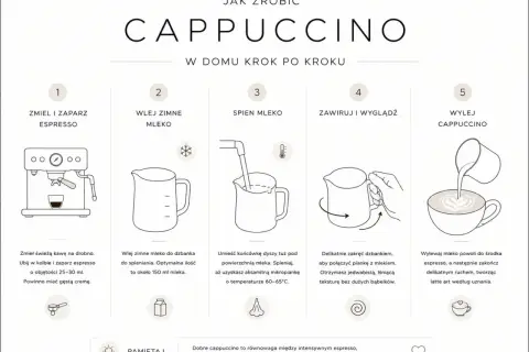 Instrukcja krok po kroku, jak zrobić idealne cappuccino: zaparz espresso, spień mleko, połącz je delikatnie i wylej, tworząc latte art. Pamiętaj o kremowej konsystencji.