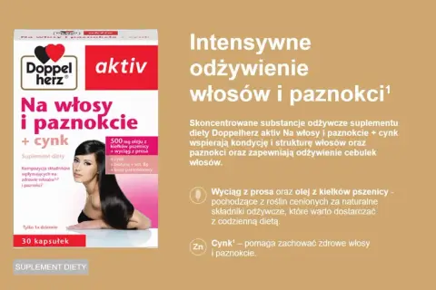 Suplement diety Doppelherz aktiv Na włosy i paznokcie z cynkiem. Intensywne odżywienie dla pięknych włosów i mocnych paznokci.