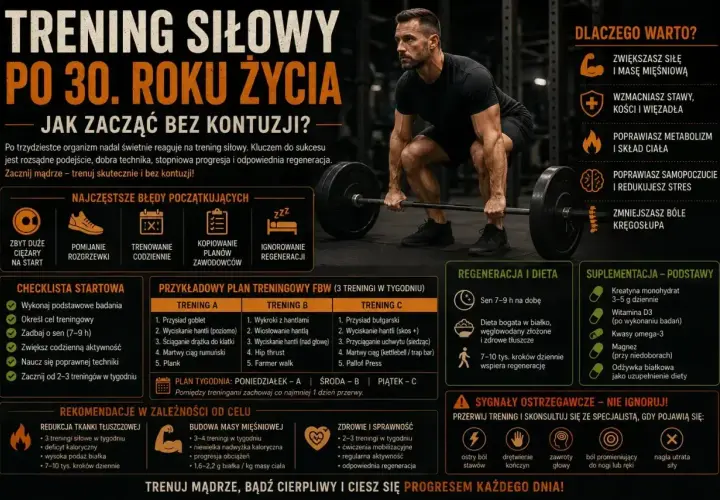 Mężczyzna podnosi sztangę. Plakat zawiera przykładowy plan treningowy FBW, porady dotyczące regeneracji i diety, a także sygnały ostrzegawcze.