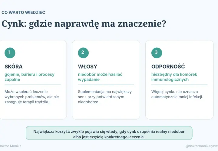 Cynk ma znaczenie dla skóry, włosów i odporności. Pomaga w gojeniu, zapobiega wypadaniu włosów i wspiera komórki immunologiczne.