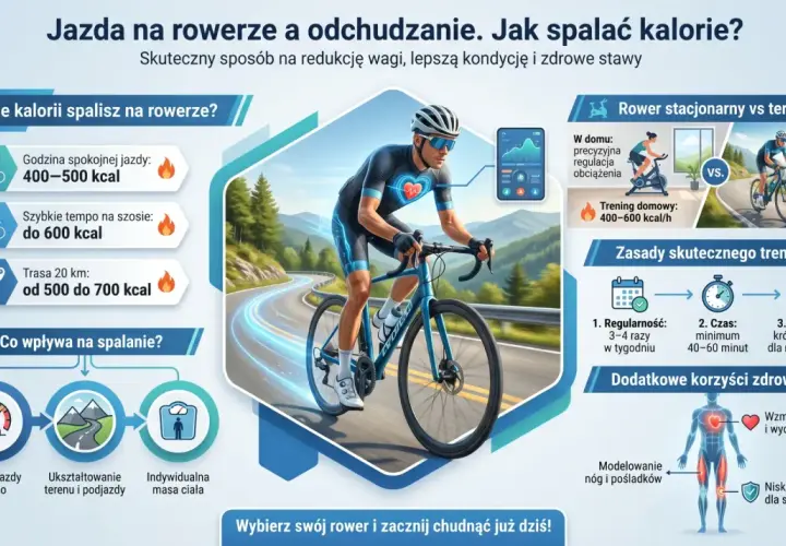 Jazda na rowerze spala kalorie, od 400-700 kcal na godzinę, w zależności od tempa i terenu.