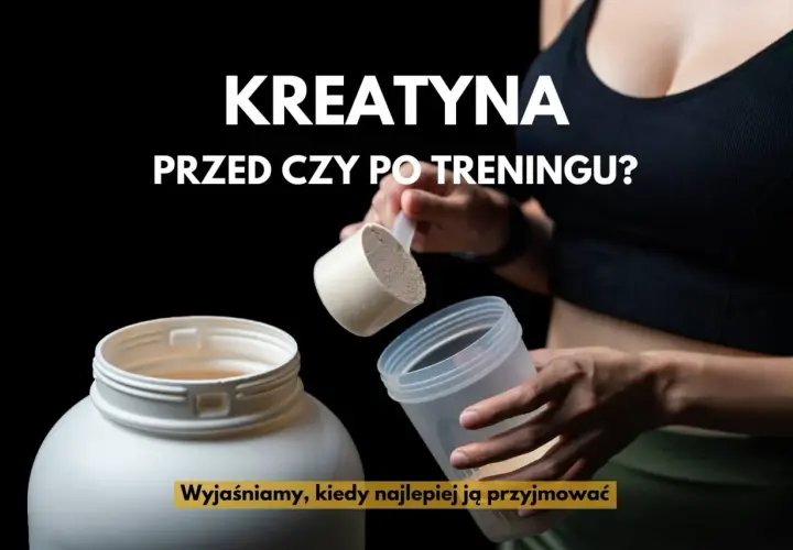 Kreatyna przed czy po treningu? Dłonie przygotowują porcję suplementu z dużego opakowania do shakera. Wyjaśniamy, kiedy najlepiej ją przyjmować.