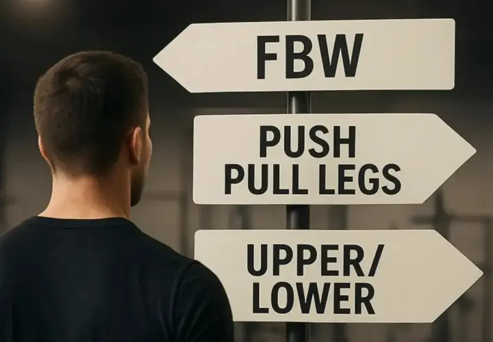 Mężczyzna przed znakiem drogowym z opcjami treningowymi: FBW, PUSH PULL LEGS, UPPER/LOWER. Którą ścieżkę wybierze?
