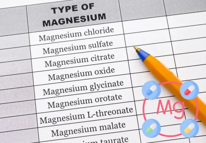 Tabela z rodzajami magnezu, w tym glicynian magnezu na co jest stosowany. Długopis i ikony tabletek.