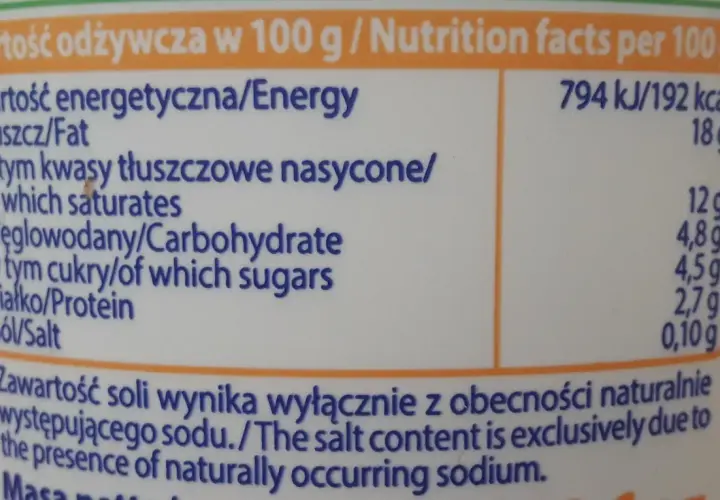 Tabela wartości odżywczych dla śmietany: 192 kcal, 18g tłuszczu, 12g węglowodanów, 4,5g cukrów, 2,7g białka, 0,10g soli na 100g.