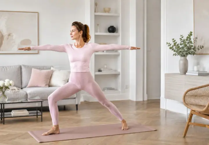 Kobieta w różowym stroju ćwiczy jogę w salonie. Czy pilates odchudza? Ta aktywność wzmacnia ciało i może wspierać proces redukcji wagi.