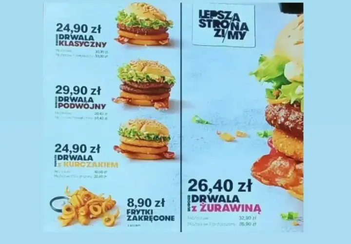 Drwal Klasyczny, Podwójny, z Kurczakiem i Żurawiną – sycące burgery, idealne dla głodnego drwala. Do tego frytki zakręcone.