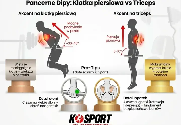 Dipy na triceps: pionowa pozycja ciała i minimalne pochylenie. Maksymalny wyprost łokcia daje potężne ramiona.