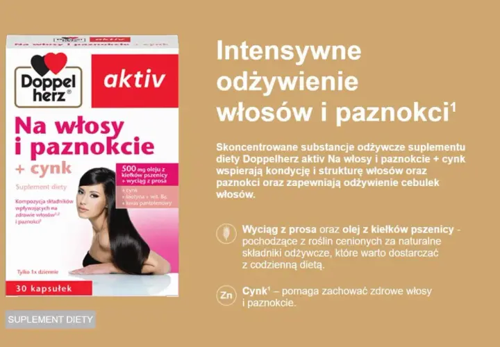 Suplement diety Doppelherz aktiv Na włosy i paznokcie z cynkiem. Intensywne odżywienie dla pięknych włosów i mocnych paznokci.