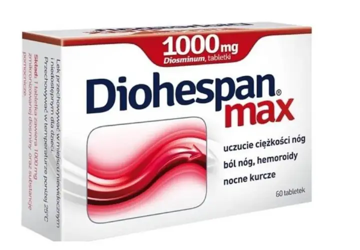 Opakowanie leku Diohespan max z diosminą 1000 mg. Czy diosmina jest lekiem przeciwzakrzepowym? Lek stosowany na ciężkość nóg, ból nóg i hemoroidy.