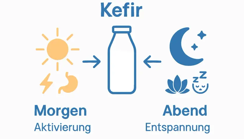 Kefir na noc dla relaksu, rano dla energii. Ilustracja pokazuje słońce i żołądek po lewej, butelkę kefiru w centrum, a księżyc, kwiat i śpiącą twarz po prawej.