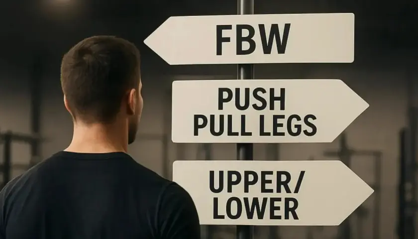 Mężczyzna przed znakiem drogowym z opcjami treningowymi: FBW, PUSH PULL LEGS, UPPER/LOWER. Którą ścieżkę wybierze?