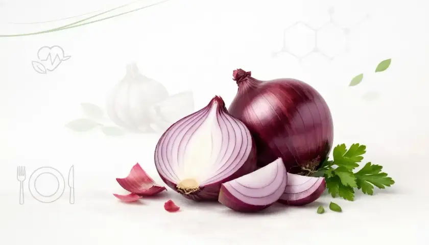 Czerwona cebula, symbol zdrowia, pokrojona w ćwiartki i w całości, z dodatkiem pietruszki. Czy cebula jest zdrowa? Tak!