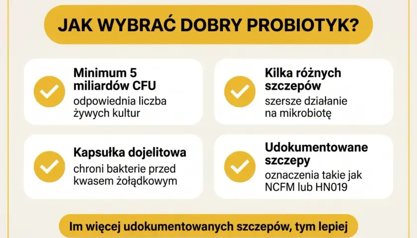 Wskazówki dotyczące wyboru probiotyku: minimum 5 mld CFU, różne szczepy, kapsułka dojelitowa, udokumentowane szczepy. Esencja probiotyczna dla zdrowia.