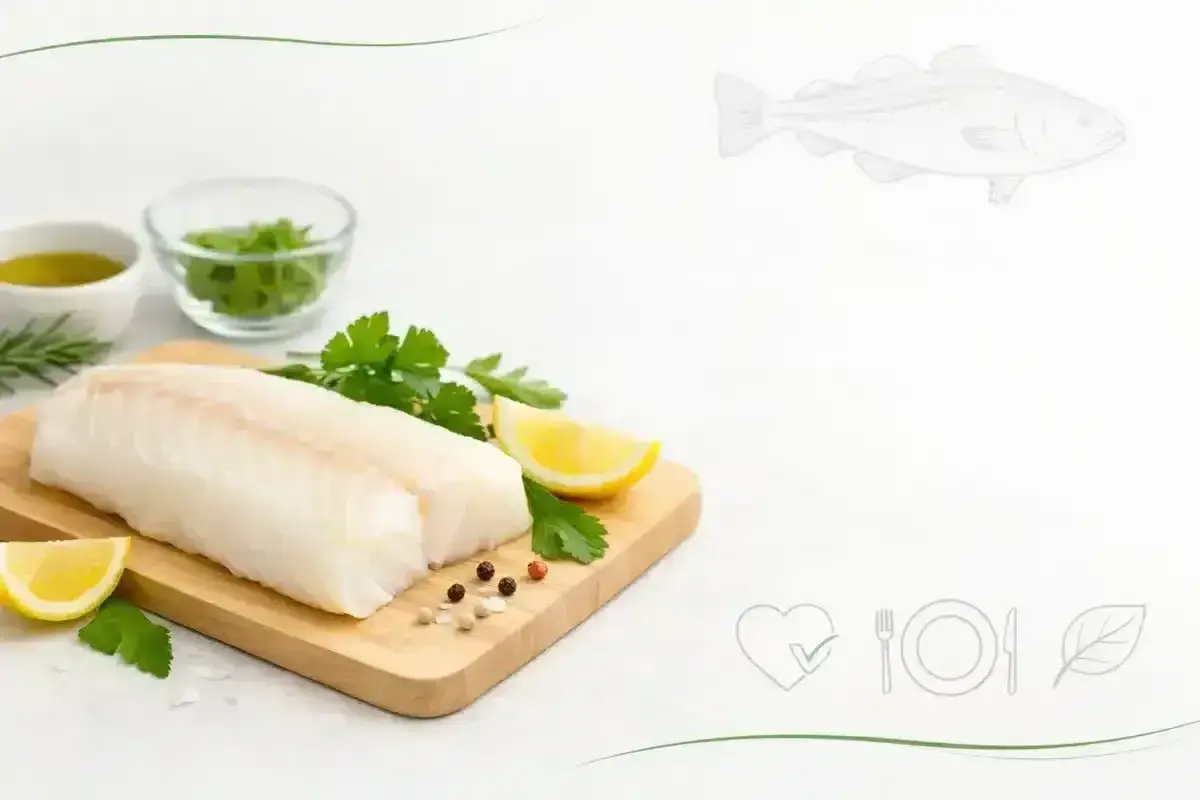 Filet dorsza na desce z cytryną, ziołami i pieprzem. Niskie dorsz kcal dla zdrowej diety.