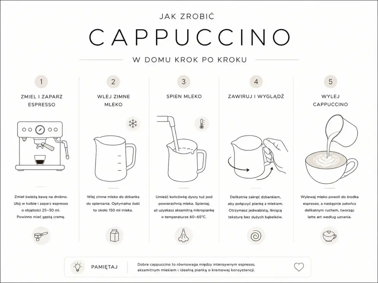 Instrukcja krok po kroku, jak zrobić idealne cappuccino: zaparz espresso, spień mleko, połącz je delikatnie i wylej, tworząc latte art. Pamiętaj o kremowej konsystencji.