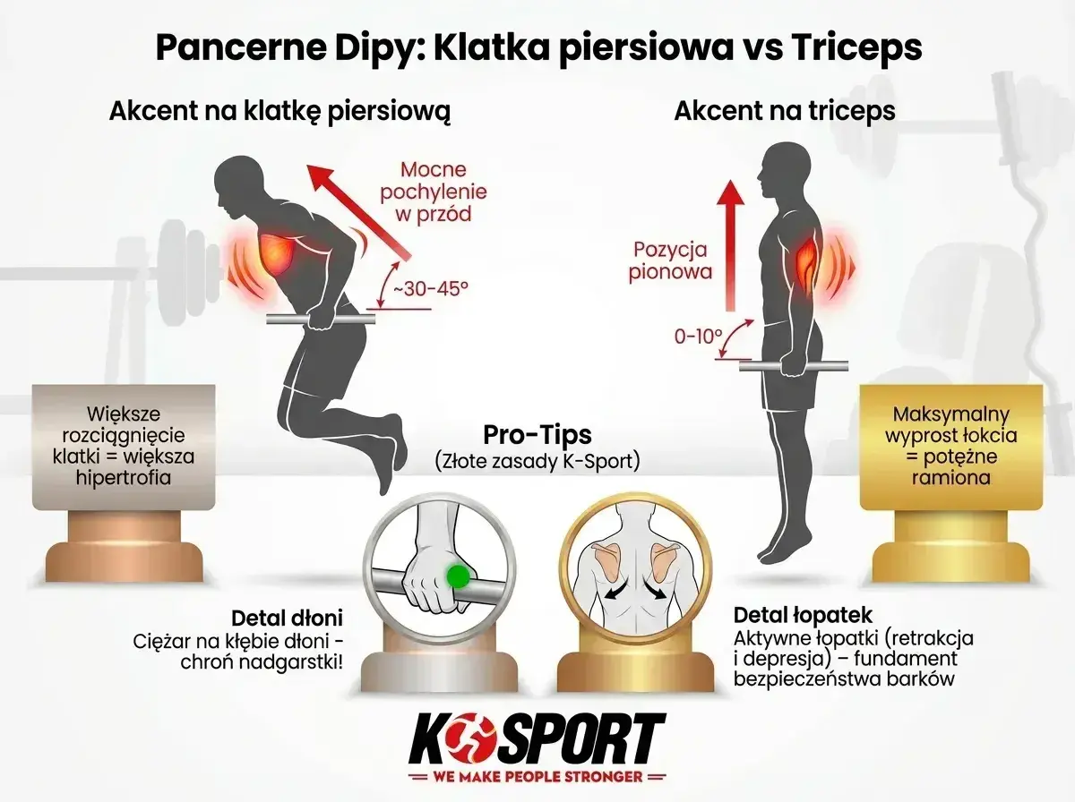 Dipy na triceps: pionowa pozycja ciała i minimalne pochylenie. Maksymalny wyprost łokcia daje potężne ramiona.