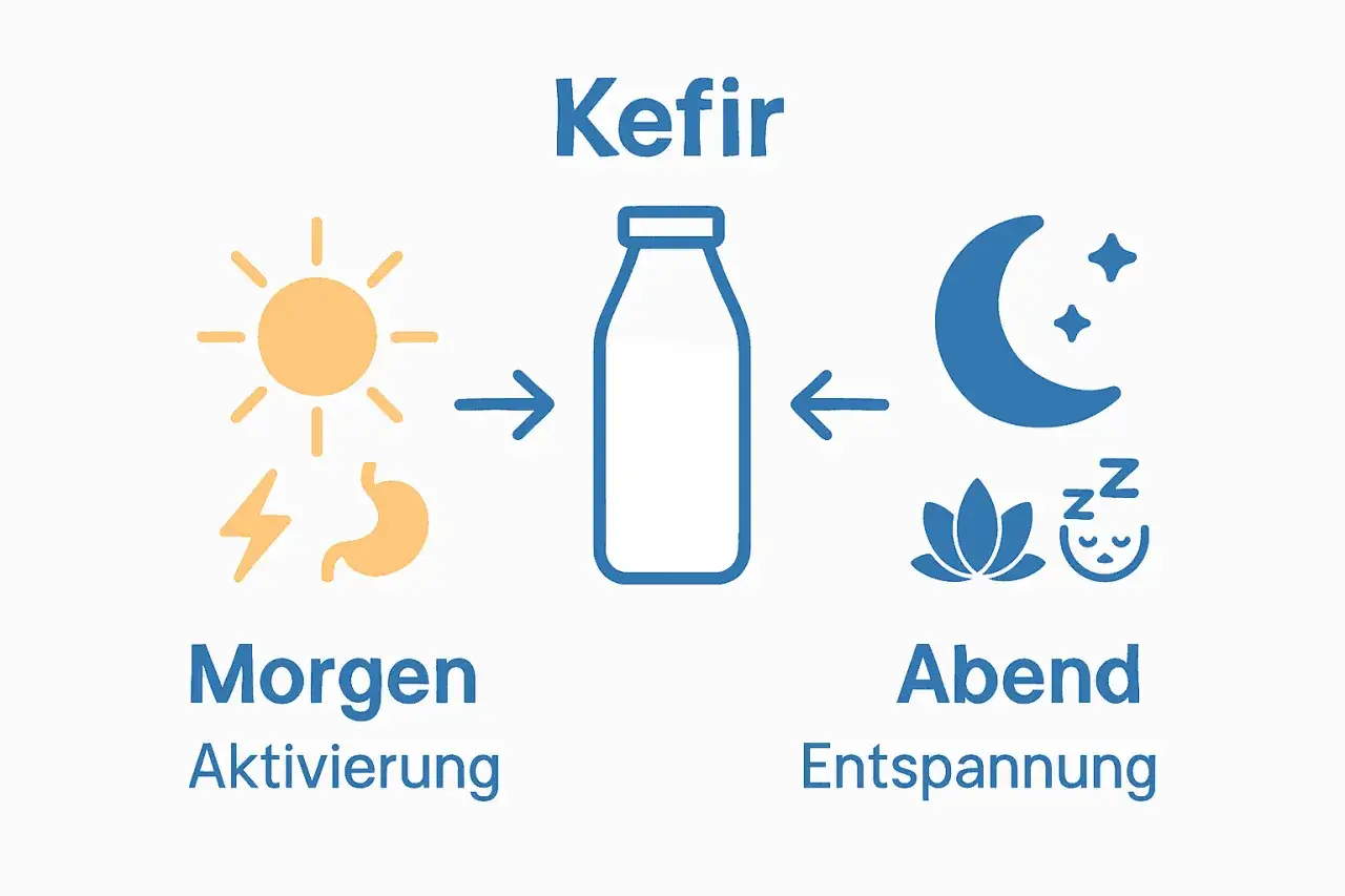 Kefir na noc dla relaksu, rano dla energii. Ilustracja pokazuje słońce i żołądek po lewej, butelkę kefiru w centrum, a księżyc i kwiat lotosu po prawej.