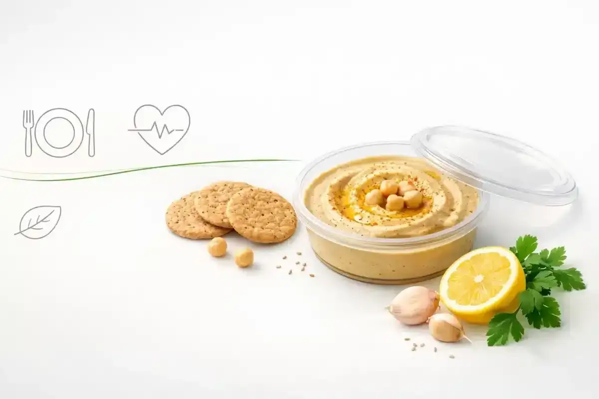 Pyszny hummus z ciecierzycą, cytryną i czosnkiem. Idealny na zdrową przekąskę, z niskim indeksem hummus kcal.