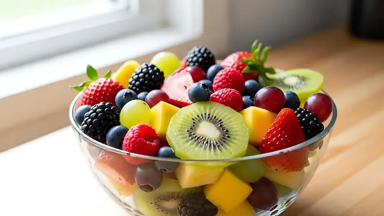 Miska pełna najzdrowszych owoców: truskawki, maliny, borówki, jeżyny, kiwi, winogrona i mango. Kolorowa uczta dla zdrowia!