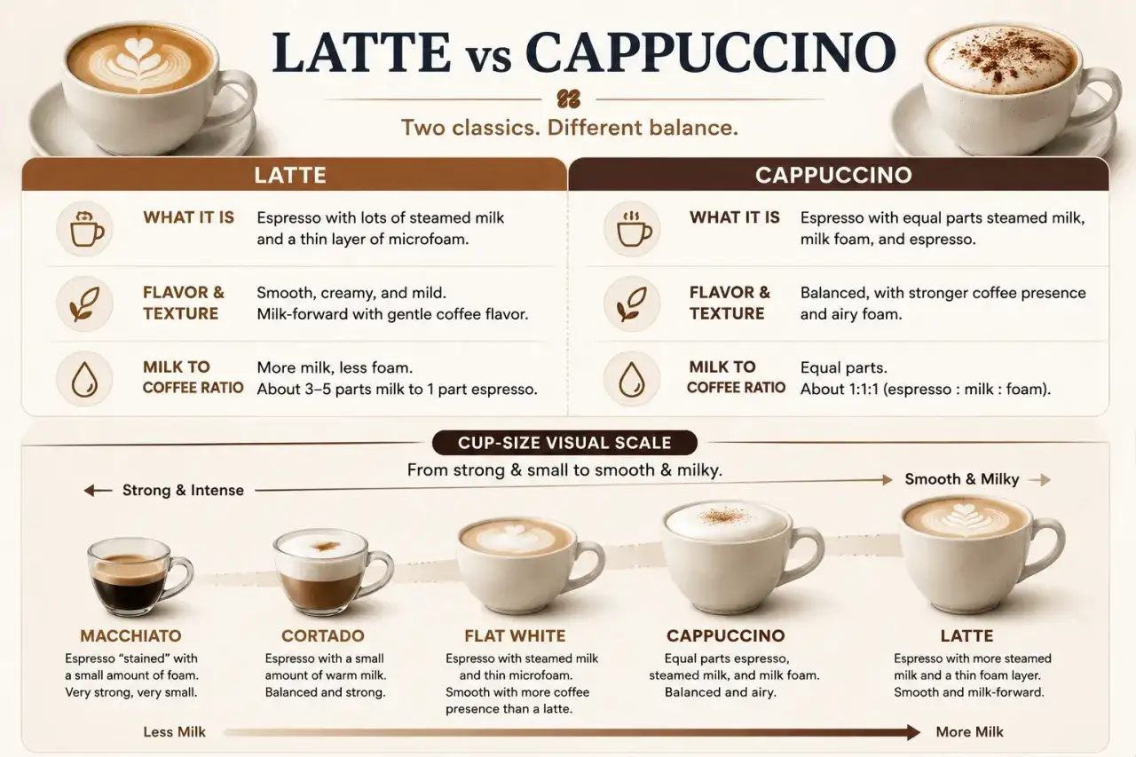 Porównanie latte i cappuccino: napoje kawowe z mlekiem, ich składniki, smak i proporcje.