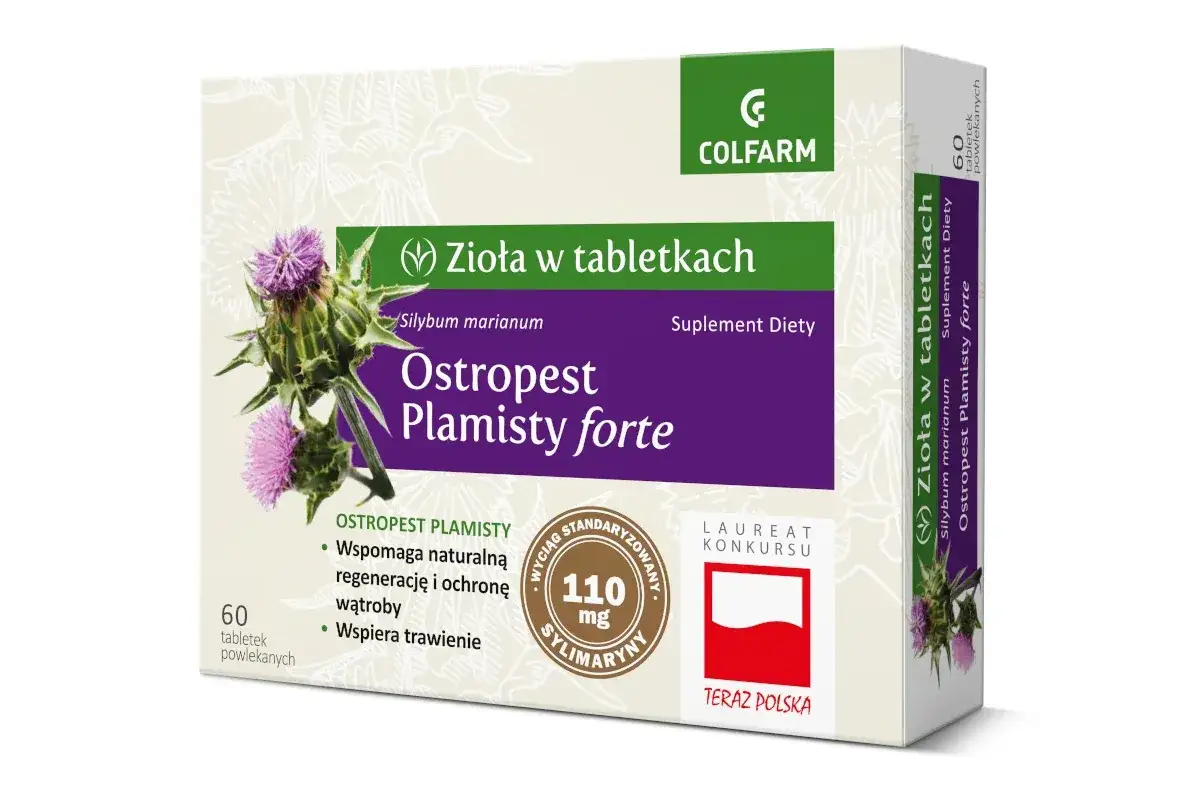 Opakowanie suplementu diety Ostropest Plamisty forte z ekstraktem z ostropestu plamistego, wspierającego regenerację wątroby i trawienie.