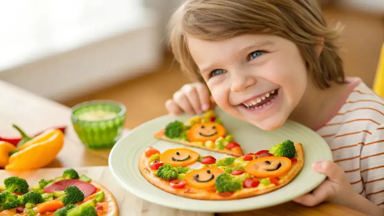 Uśmiechnięte dziecko z pizzą ozdobioną warzywami w kształcie buziek. Świetny sposób, jak zachęcić dziecko do jedzenia warzyw!