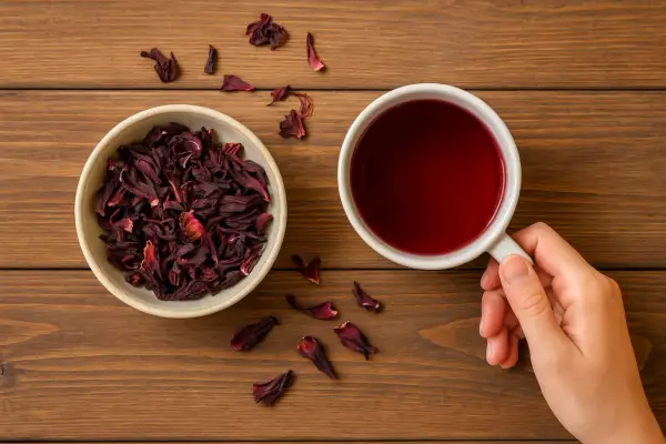 Suszone kwiaty hibiskusa w miseczce i filiżanka czerwonego naparu. Odkryj hibiskus właściwości i ciesz się jego smakiem.